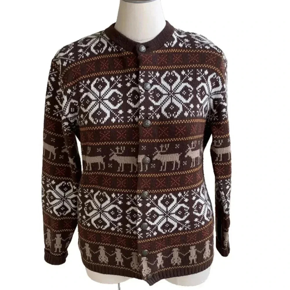 Vintage Jersild DuPont Orlon Men’s XL Cardigan Sweater Brown Nordic Moose 1950s